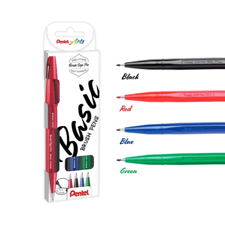 Набор кистей Pentel Sign Pen Touch SES15C 4 цвета (черный+синий+красный+зеленый)